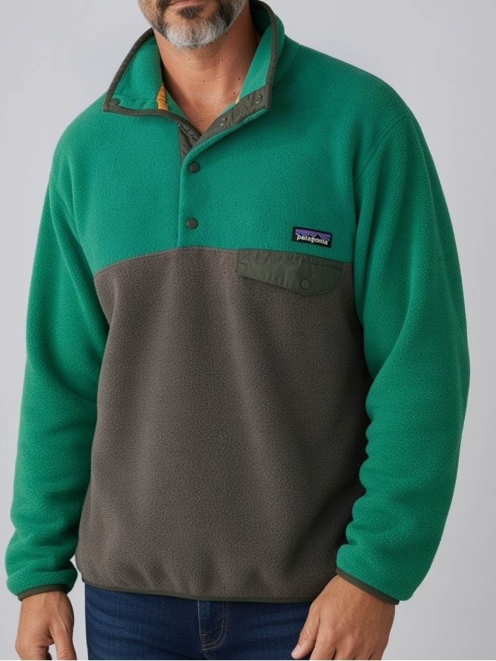Patagonia Green and Gray Two-Tone Snap Pullover Fleece